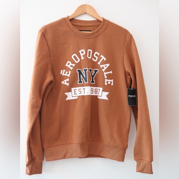 NWT Aeropostale Brown Crewneck Sweater with Collegiate Charm Sz M - Picture 2 of 4